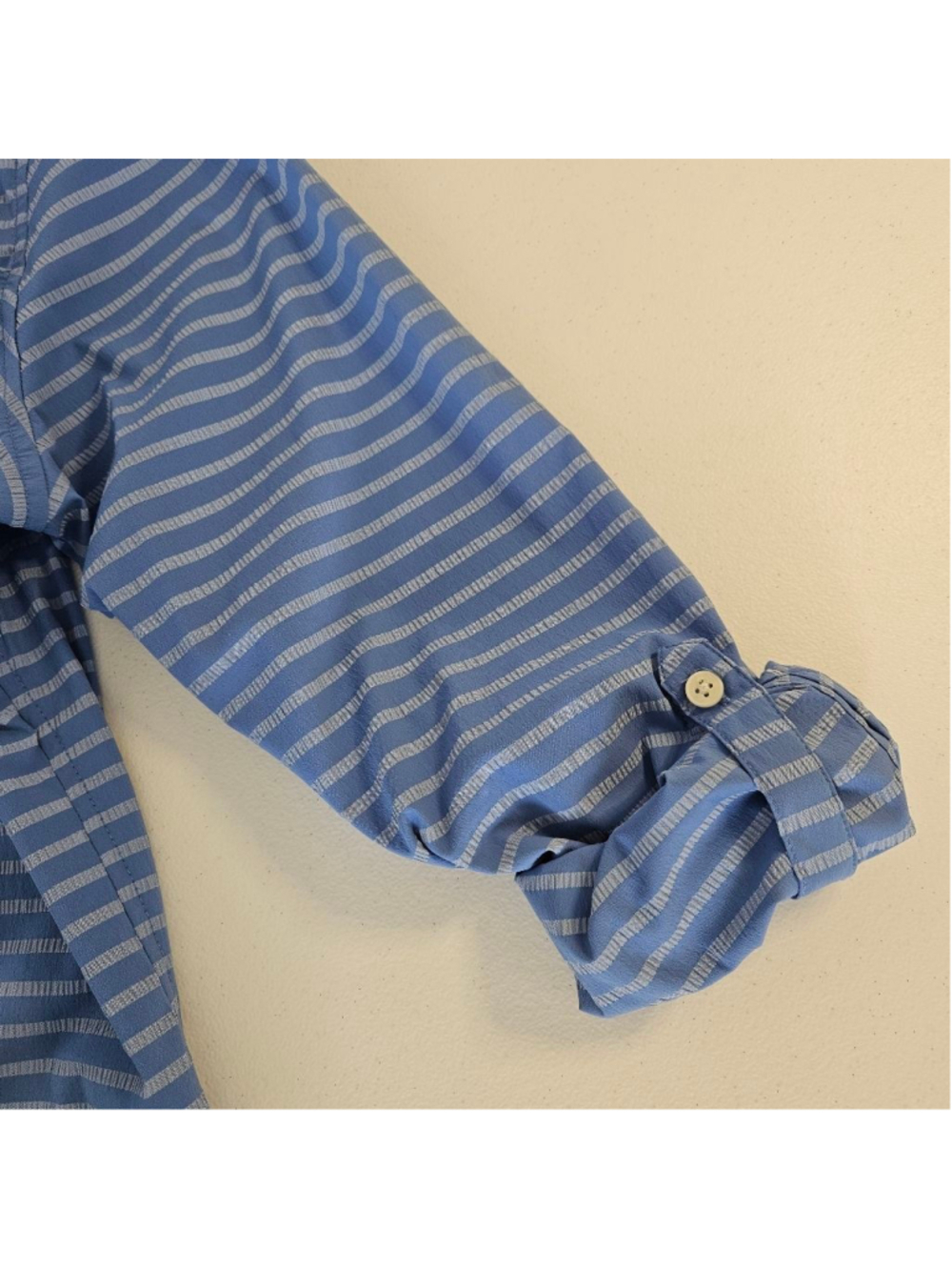 L.L.Bean Blue Striped Roll Tab Sleeve Button Down Shirt Sz L Outdoor Hiking - Picture 9 of 12